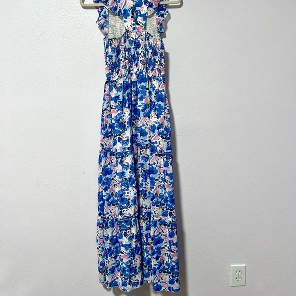 Melloday Floral flutter sleeves smocked Maxi Dress in Blue and Pink  SMALL - Picture 6 of 16